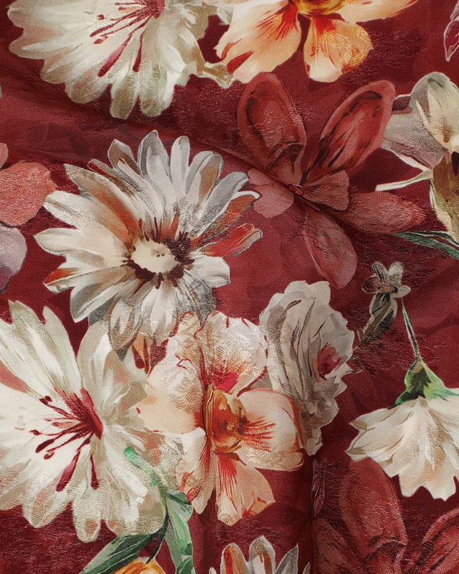 Maroon Floral Printed Viscose Fabric Soft Lightweight Flowing Dress Material for Apparel Sewing Craft Use 110 Cms Width India Origin-D27312