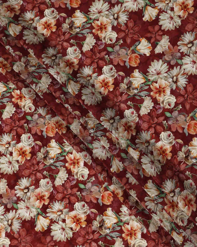 Maroon Floral Printed Viscose Fabric Soft Lightweight Flowing Dress Material for Apparel Sewing Craft Use 110 Cms Width India Origin-D27312
