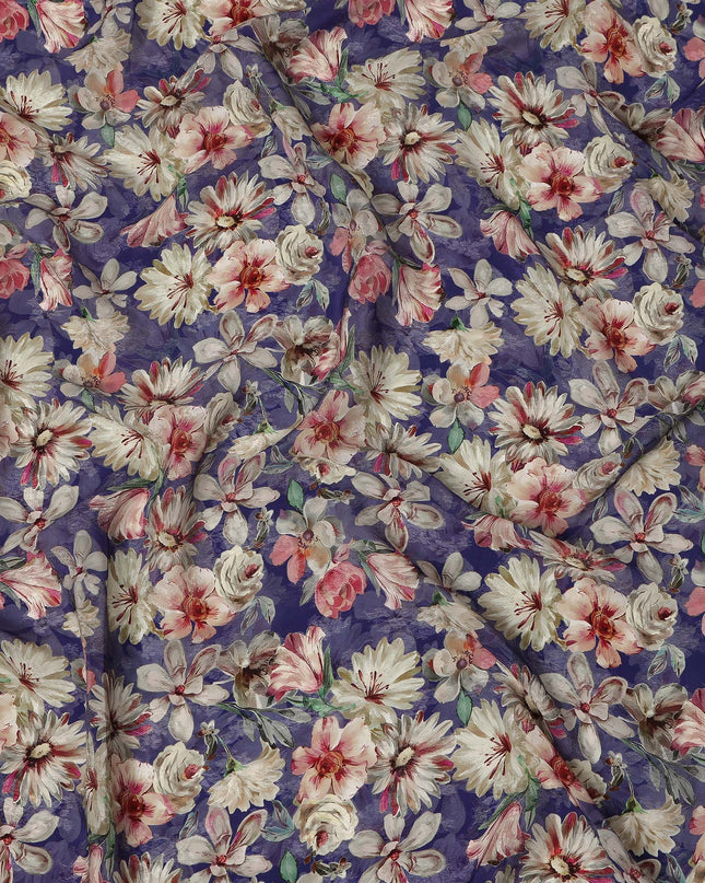 Royal Purple Blush & Ivory Floral Printed Viscose Silk Crepe Fabric 110 Cms India-D26861