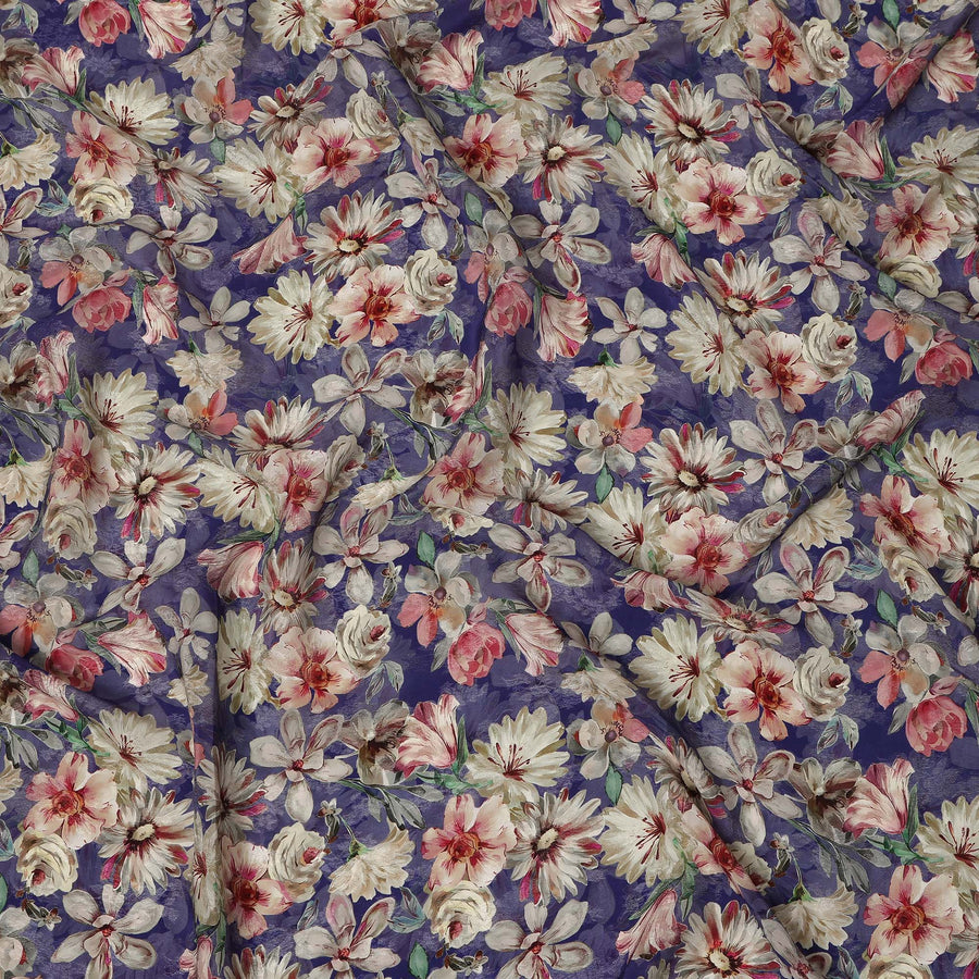 Royal Purple Blush & Ivory Floral Printed Viscose Silk Crepe Fabric 110 Cms India-D26861