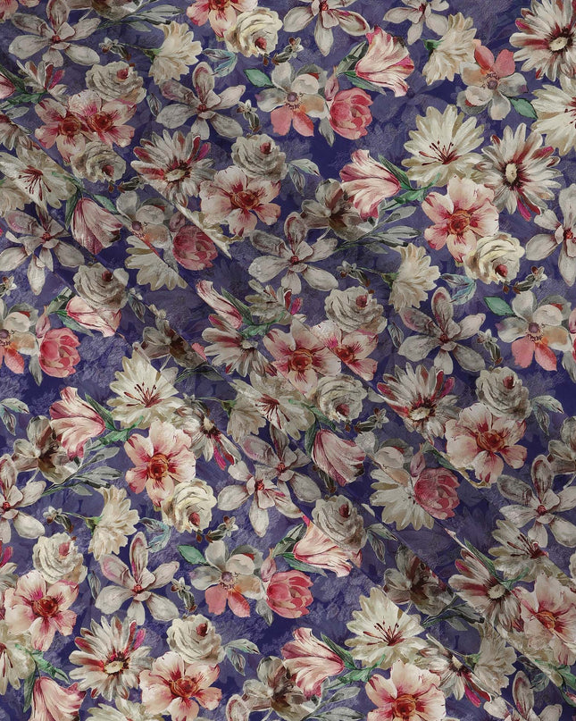 Royal Purple Blush & Ivory Floral Printed Viscose Silk Crepe Fabric 110 Cms India-D26861