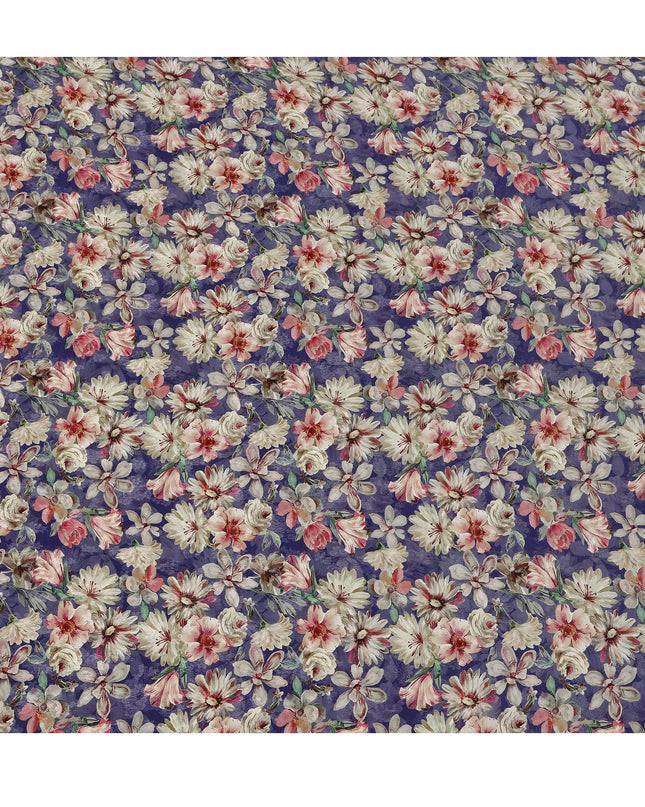 Royal Purple Blush & Ivory Floral Printed Viscose Silk Crepe Fabric 110 Cms India-D26861