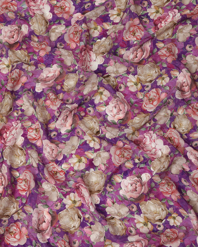 Purple Floral Printed Viscose Fabric Soft Lightweight Flowing Dress Material for Apparel Sewing Craft Fashion Use 110 Cms Width India Origin-D27314
