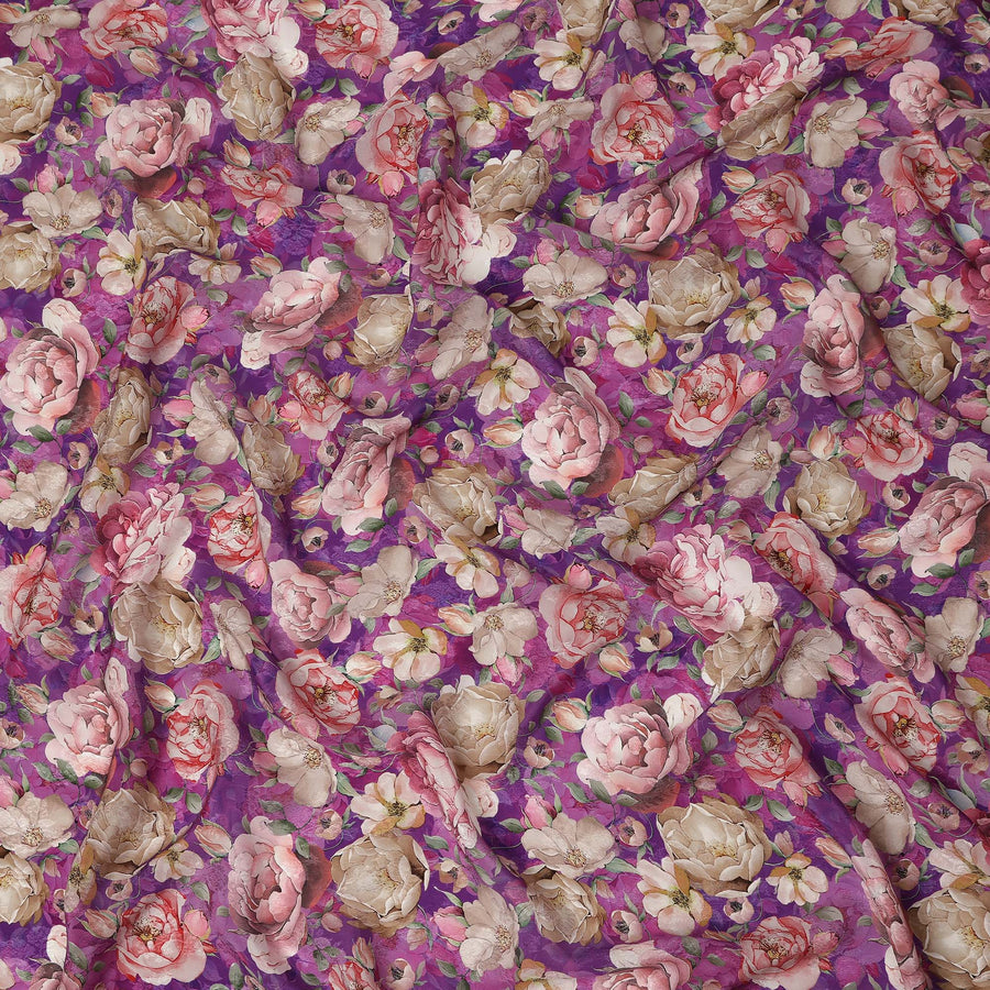 Purple Floral Printed Viscose Fabric Soft Lightweight Flowing Dress Material for Apparel Sewing Craft Fashion Use 110 Cms Width India Origin-D27314