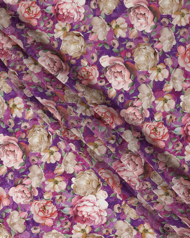 Purple Floral Printed Viscose Fabric Soft Lightweight Flowing Dress Material for Apparel Sewing Craft Fashion Use 110 Cms Width India Origin-D27314