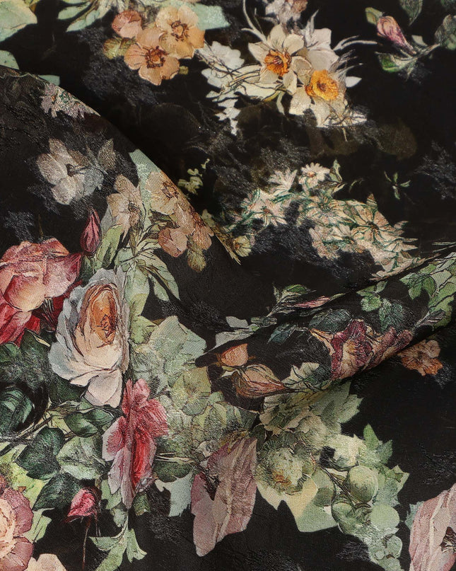 Black Vintage Floral Printed Viscose Fabric Soft Breathable Smooth Flowing Material for Dressmaking Sewing Apparel Craft Use 110 Cms Width India Origin-D27306