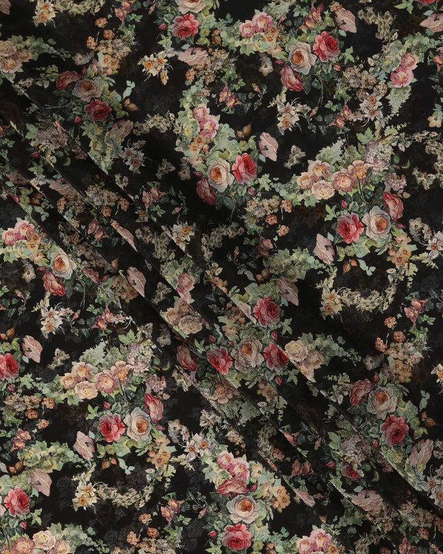 Black Vintage Floral Printed Viscose Fabric Soft Breathable Smooth Flowing Material for Dressmaking Sewing Apparel Craft Use 110 Cms Width India Origin-D27306