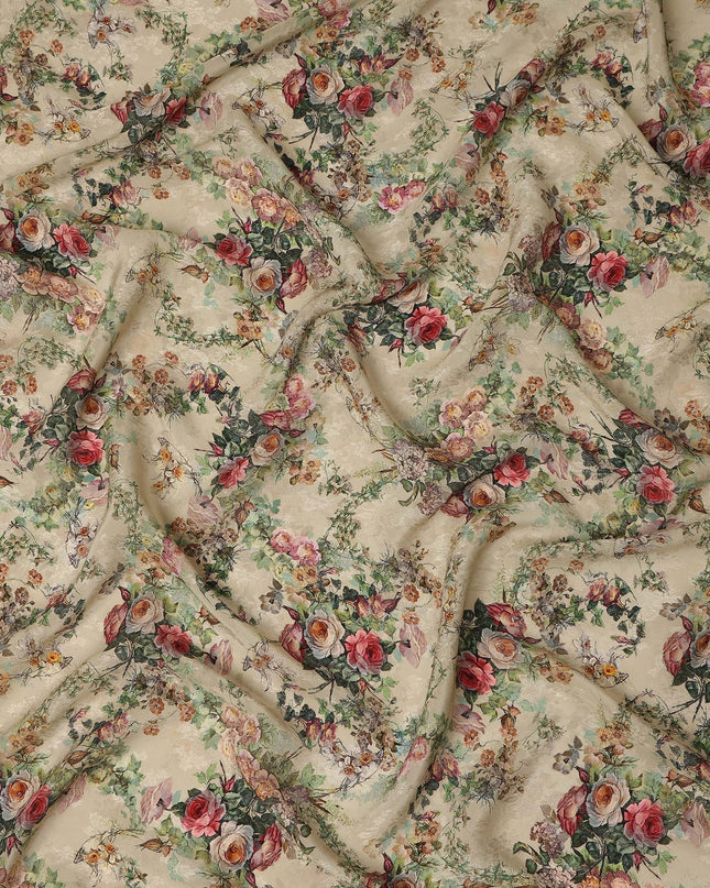 Cream Floral Vintage Print Viscose Fabric Soft Flowing Lightweight Dress Material for Apparel Sewing Craft Use 110 Cms Width India Origin-D27307