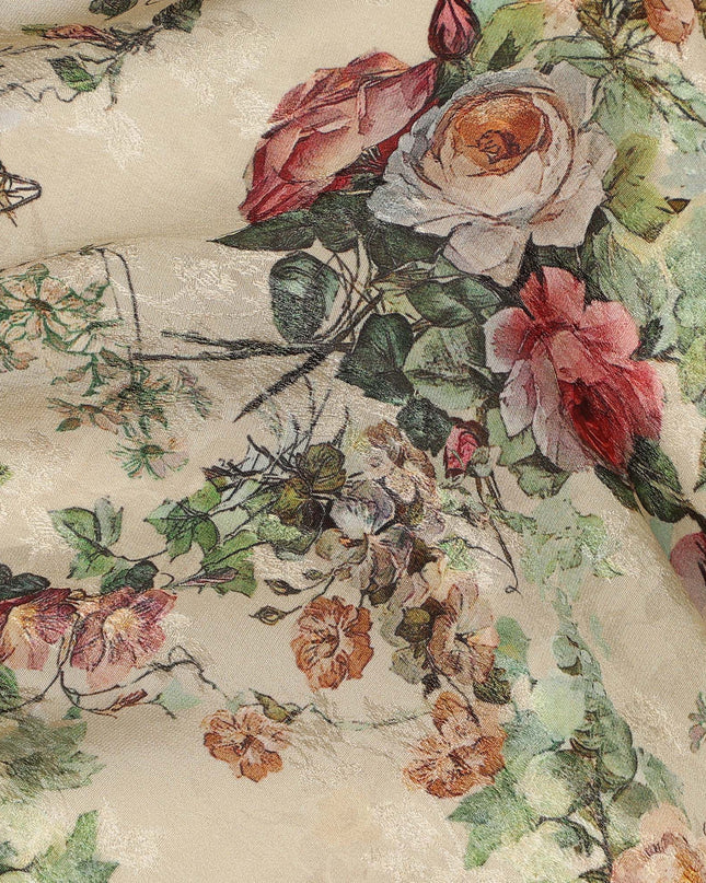 Cream Floral Vintage Print Viscose Fabric Soft Flowing Lightweight Dress Material for Apparel Sewing Craft Use 110 Cms Width India Origin-D27307