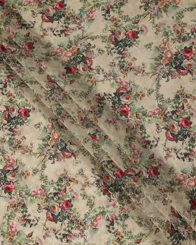 Cream Floral Vintage Print Viscose Fabric Soft Flowing Lightweight Dress Material for Apparel Sewing Craft Use 110 Cms Width India Origin-D27307
