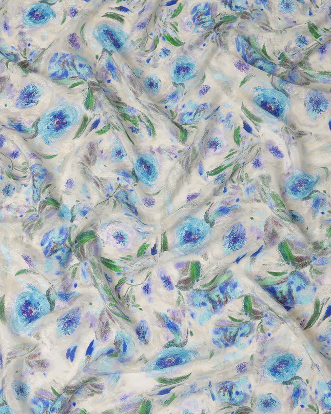 Ivory Blue Floral Printed Viscose Fabric 110 Cms India Origin-D27563