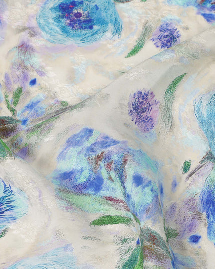 Ivory Blue Floral Printed Viscose Fabric 110 Cms India Origin-D27563