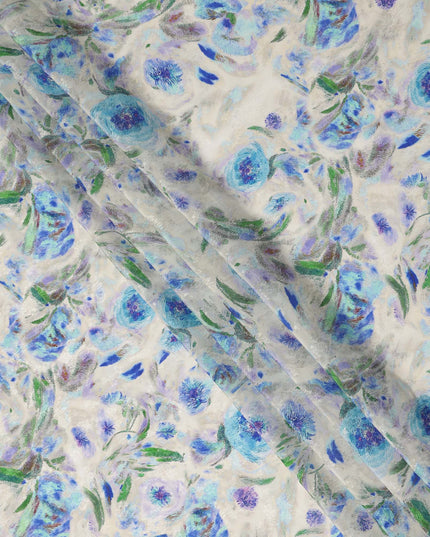 Ivory Blue Floral Printed Viscose Fabric 110 Cms India Origin-D27563