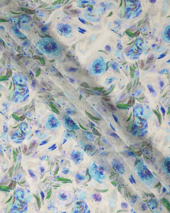 Ivory Blue Floral Printed Viscose Fabric 110 Cms India Origin-D27563