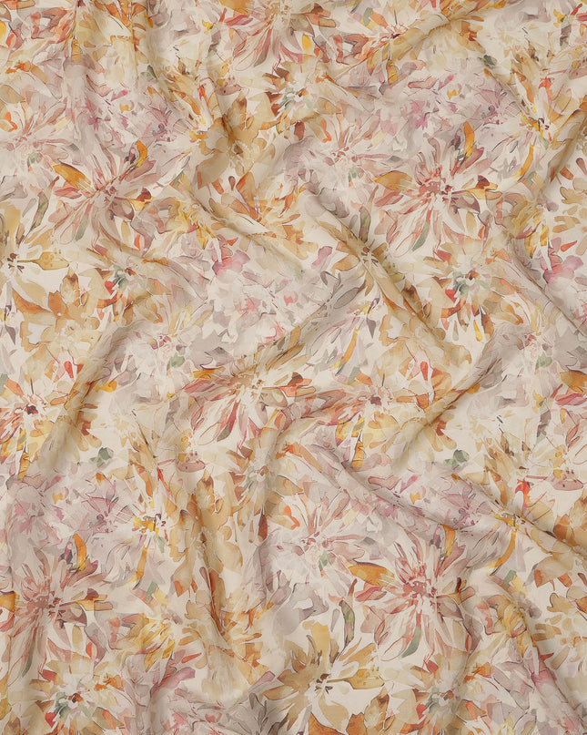 Cream Floral Watercolor Print Viscose Crepe Fabric 110 Cms India-D27007
