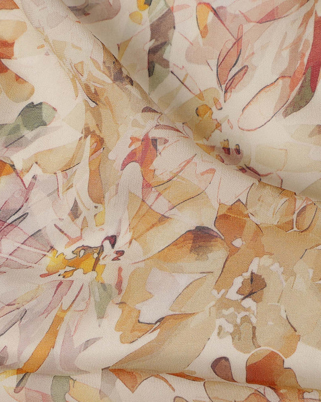 Cream Floral Watercolor Print Viscose Crepe Fabric 110 Cms India-D27007