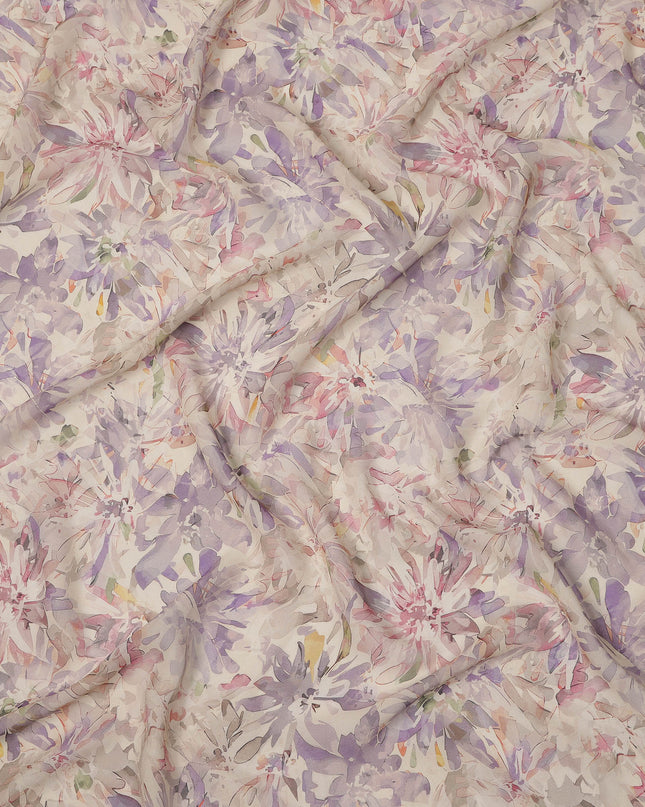 Cream Pastel Floral Watercolor Print Viscose Crepe Fabric 110 Cms India-D27012