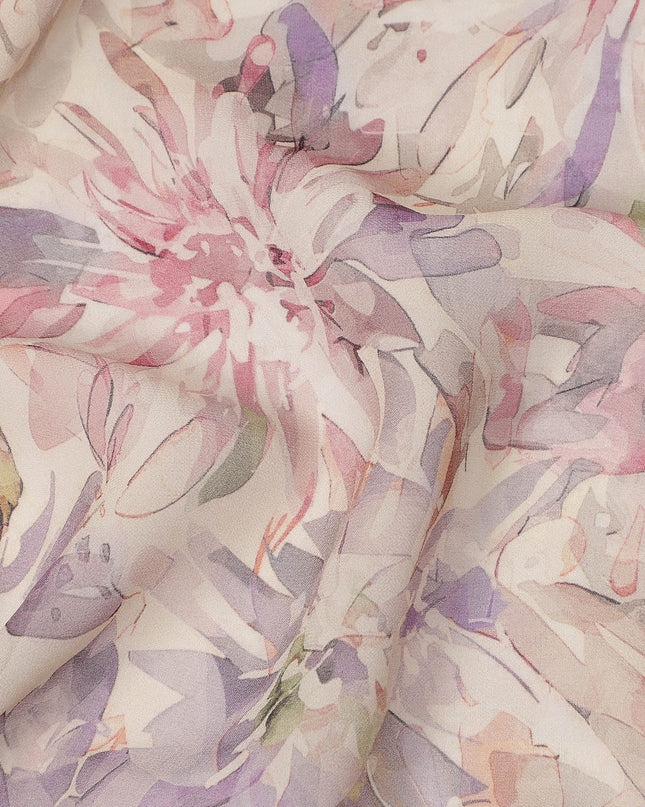 Cream Pastel Floral Watercolor Print Viscose Crepe Fabric 110 Cms India-D27012
