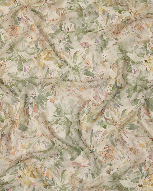 Cream Sage Green Floral Watercolor Print Viscose Crepe Fabric 110 Cms India-D27016