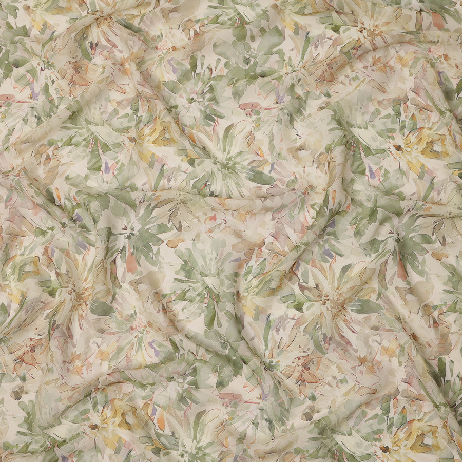 Cream Sage Green Floral Watercolor Print Viscose Crepe Fabric 110 Cms India-D27016 - Regal Fabrics