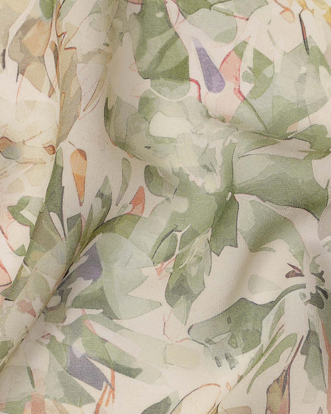 Cream Sage Green Floral Watercolor Print Viscose Crepe Fabric 110 Cms India-D27016