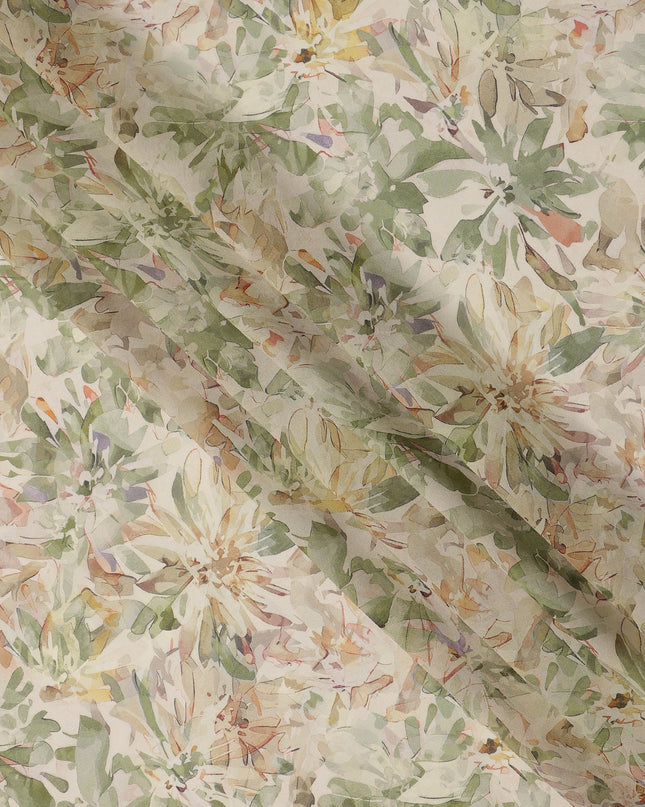 Cream Sage Green Floral Watercolor Print Viscose Crepe Fabric 110 Cms India-D27016