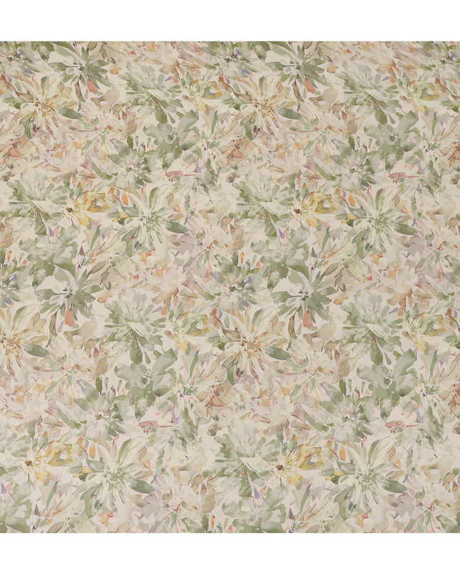 Cream Sage Green Floral Watercolor Print Viscose Crepe Fabric 110 Cms India-D27016