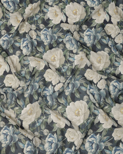 Charcoal Grey Blue & Ivory Floral Printed Viscose Crepe Fabric 110 Cms India-D26857