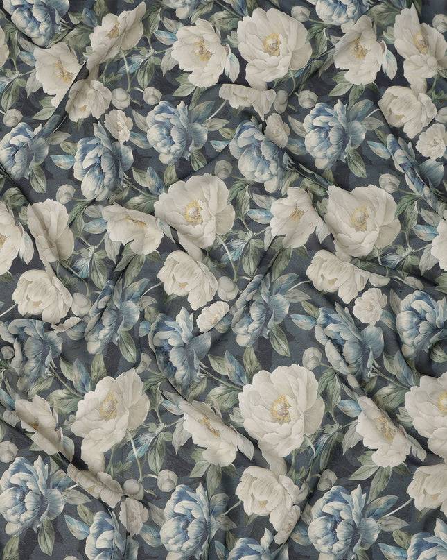 Charcoal Grey Blue & Ivory Floral Printed Viscose Crepe Fabric 110 Cms India-D26857