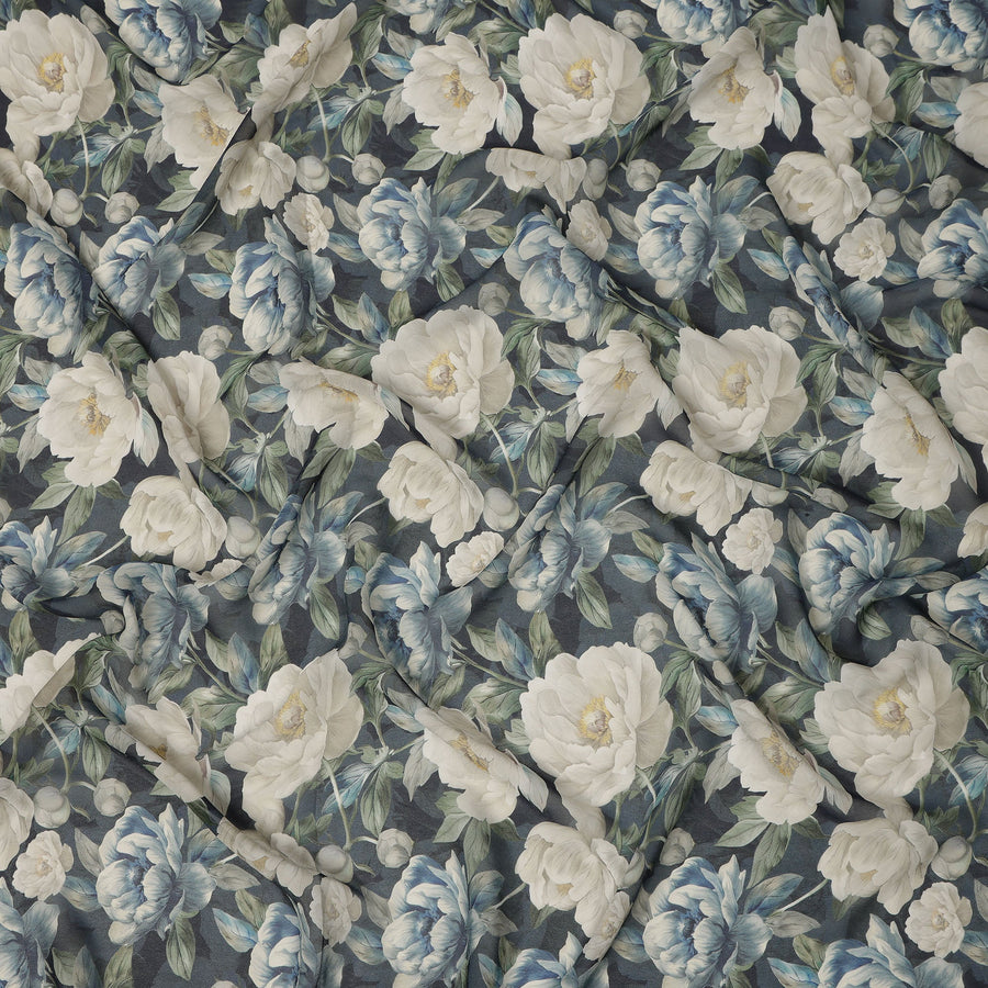 Charcoal Grey Blue & Ivory Floral Printed Viscose Crepe Fabric 110 Cms India-D26857