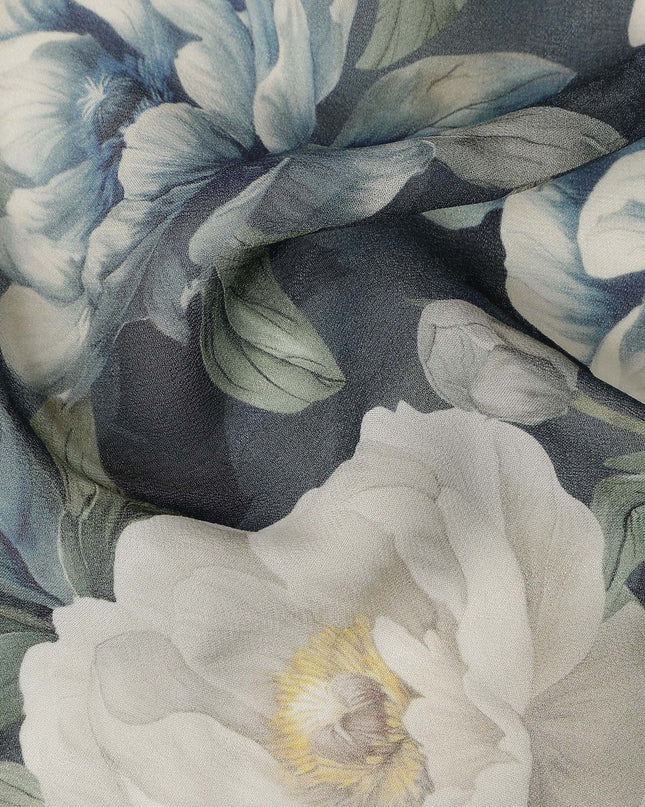 Charcoal Grey Blue & Ivory Floral Printed Viscose Crepe Fabric 110 Cms India-D26857