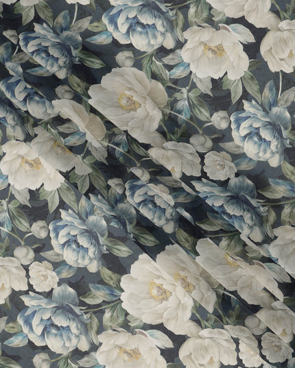 Charcoal Grey Blue & Ivory Floral Printed Viscose Crepe Fabric 110 Cms India-D26857
