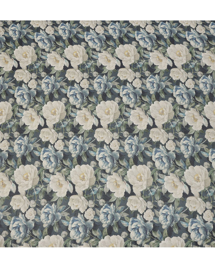 Charcoal Grey Blue & Ivory Floral Printed Viscose Crepe Fabric 110 Cms India-D26857