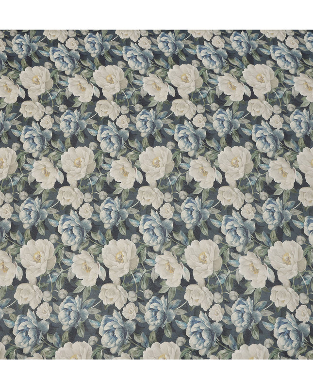 Charcoal Grey Blue & Ivory Floral Printed Viscose Crepe Fabric 110 Cms India-D26857