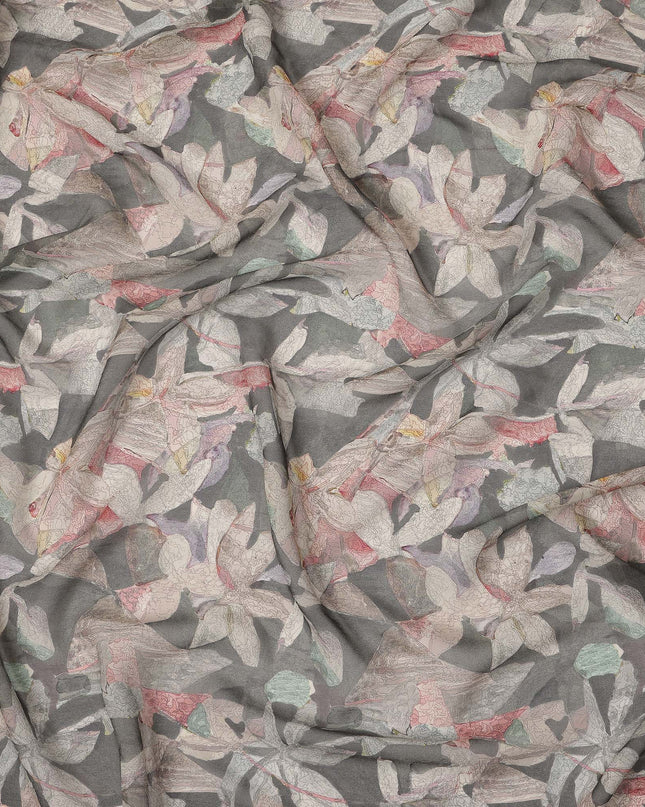 Grey Pastel Abstract Floral Print Viscose Crepe Fabric 110 Cms India-D27014