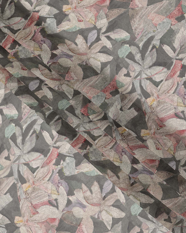 Grey Pastel Abstract Floral Print Viscose Crepe Fabric 110 Cms India-D27014