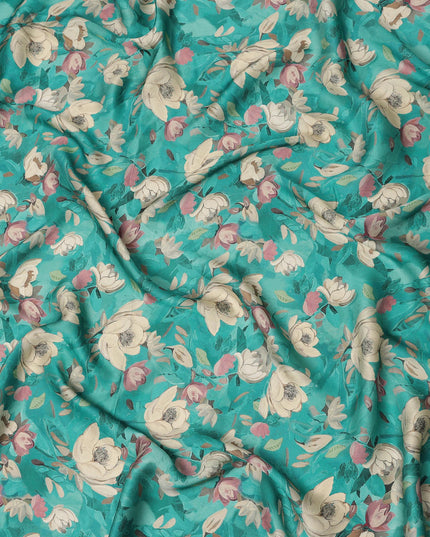 Teal Turquoise Ivory & Blush Floral Printed Viscose Silk Crepe Fabric 110 Cms India-D26865