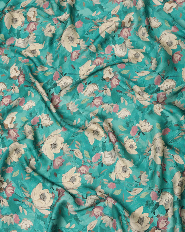 Teal Turquoise Ivory & Blush Floral Printed Viscose Silk Crepe Fabric 110 Cms India-D26865