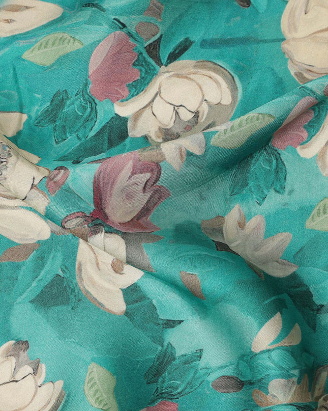 Teal Turquoise Ivory & Blush Floral Printed Viscose Silk Crepe Fabric 110 Cms India-D26865