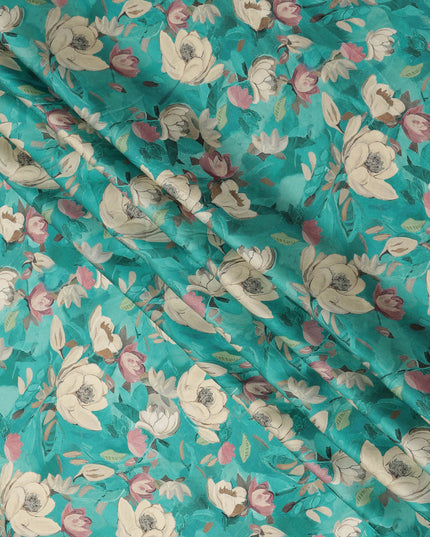 Teal Turquoise Ivory & Blush Floral Printed Viscose Silk Crepe Fabric 110 Cms India-D26865