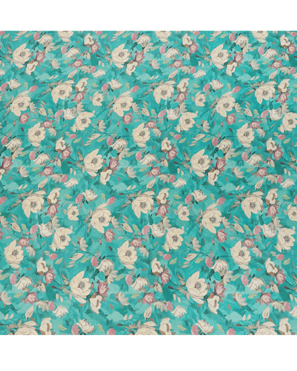 Teal Turquoise Ivory & Blush Floral Printed Viscose Silk Crepe Fabric 110 Cms India-D26865