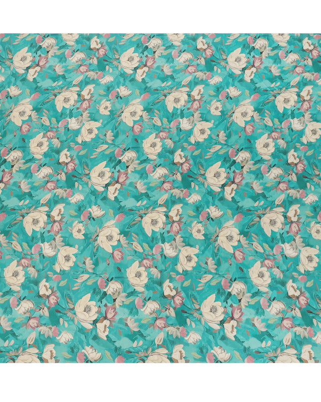 Teal Turquoise Ivory & Blush Floral Printed Viscose Silk Crepe Fabric 110 Cms India-D26865