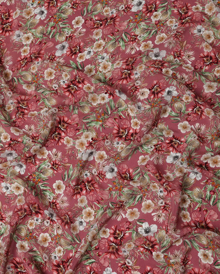 Dusty Rosewood Pink Floral Synthetic Crepe Fabric 110cm