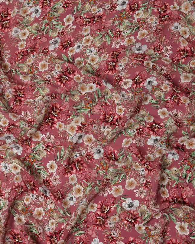 Dusty Rosewood Pink Floral Synthetic Crepe Fabric 110cm
