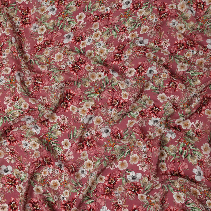 Dusty Rosewood Pink Floral Synthetic Crepe Fabric 110cm