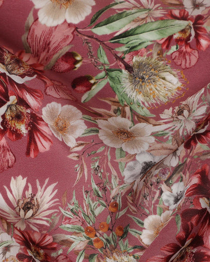 Dusty Rosewood Pink Floral Synthetic Crepe Fabric 110cm
