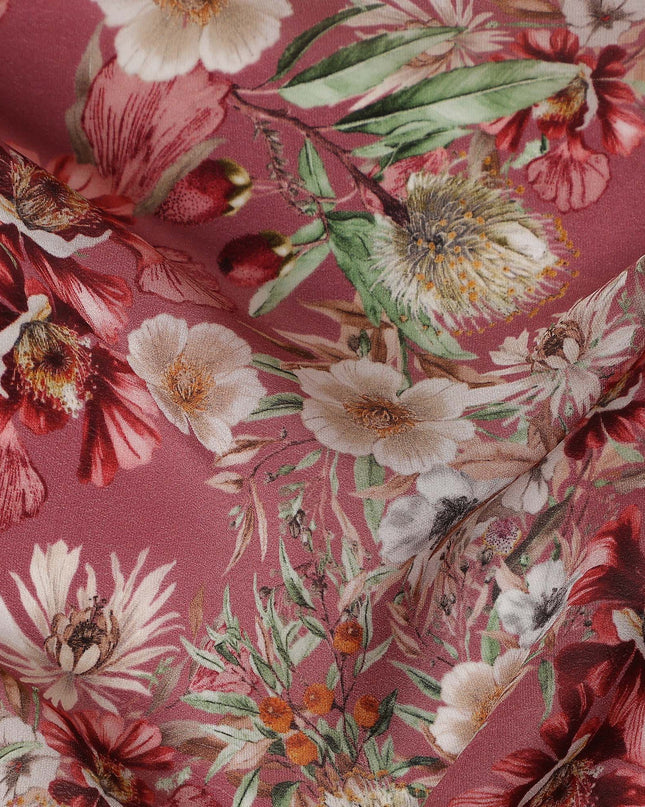 Dusty Rosewood Pink Floral Synthetic Crepe Fabric 110cm