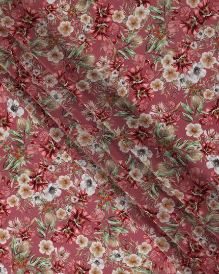 Dusty Rosewood Pink Floral Synthetic Crepe Fabric 110cm