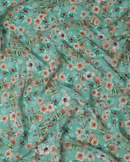 Mint Green Beige Floral Printed Viscose Crepe Fabric 110 Cms Width Soft Flowing Lightweight Dress Material India-D27924