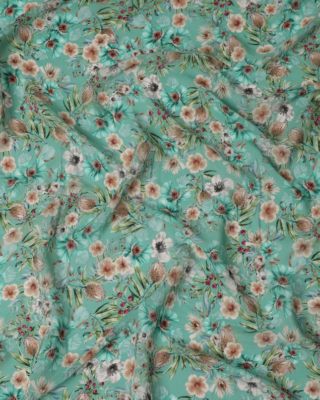 Mint Green Beige Floral Printed Viscose Crepe Fabric 110 Cms Width Soft Flowing Lightweight Dress Material India-D27924